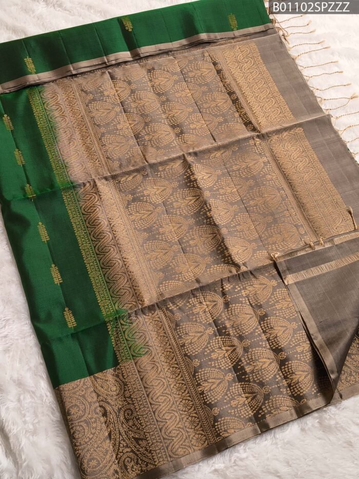 Kanchipuram Pure Silk Saree ? Bottle Green and Grey with Gold Zari - Image 1