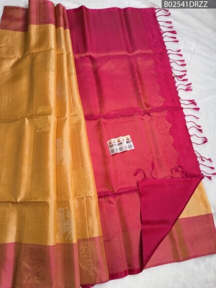 Majestic Mustard & Maganta Soft Silk Saree with Traditional Animal Motifs
