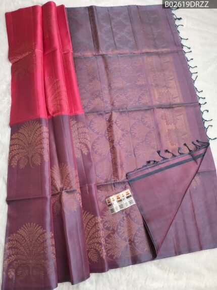 Graceful Grape Purple & Rose Pink Soft Silk Saree with Tree Motif Zari Weaving