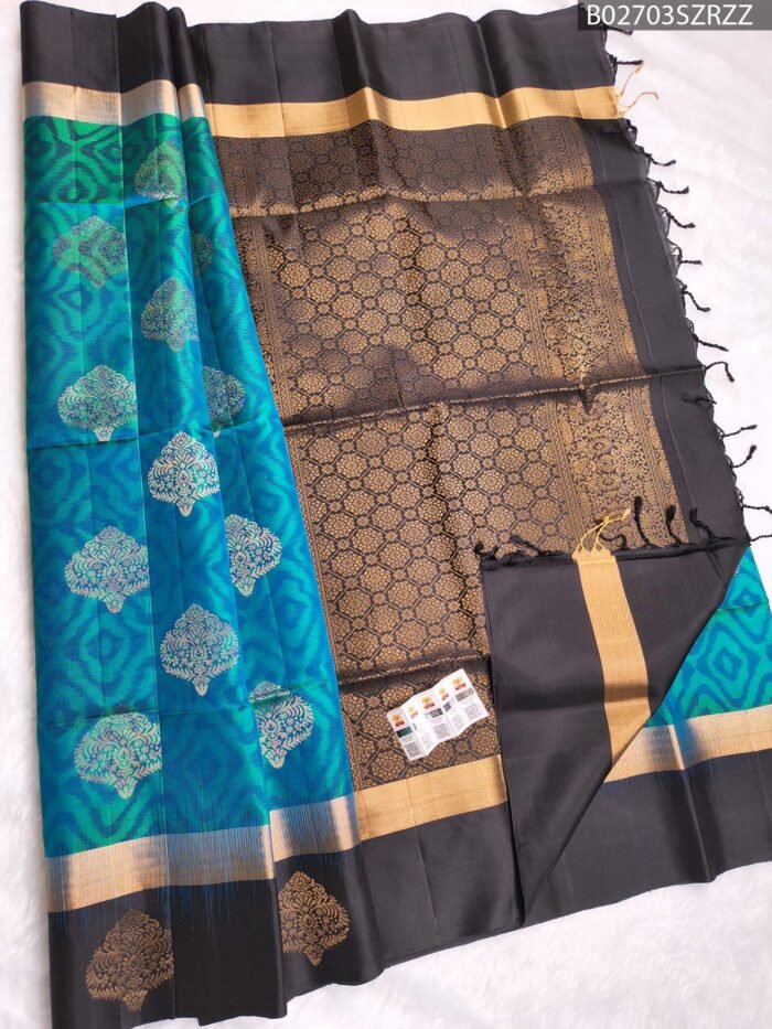 Elegant Peacock blue & black Pure Soft Silk Saree with Rich Zari Weaving - Image 1
