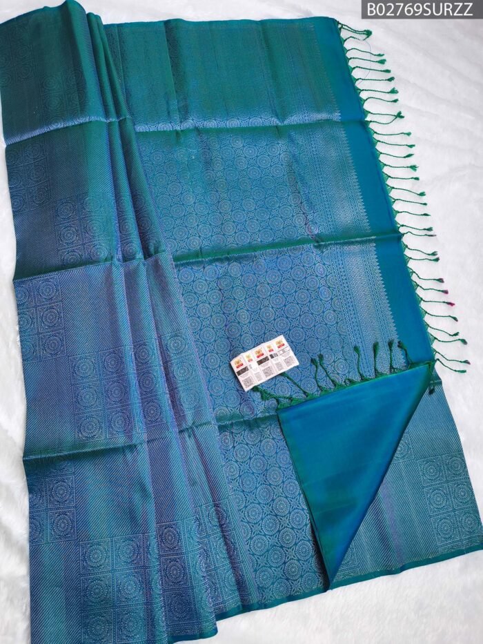 Kanchipuram Pure Soft Silk Saree ? Peacock Blue & Bottle Green Dual Tone - Image 1