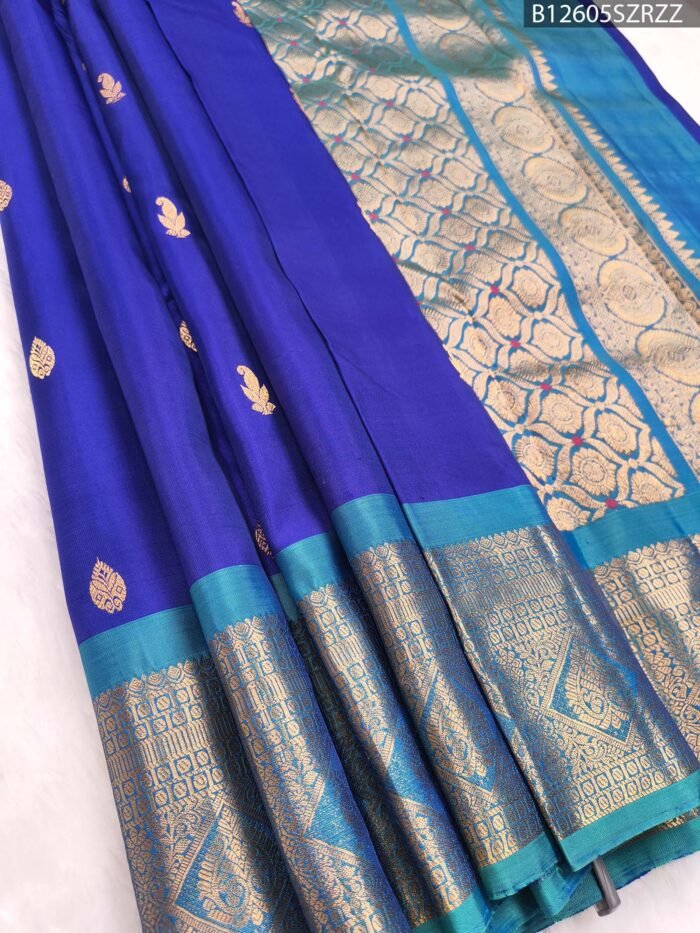 Royal Blue Soft Silk Saree with Teal Border and Gold Zari Brocade Pallu - Image 1