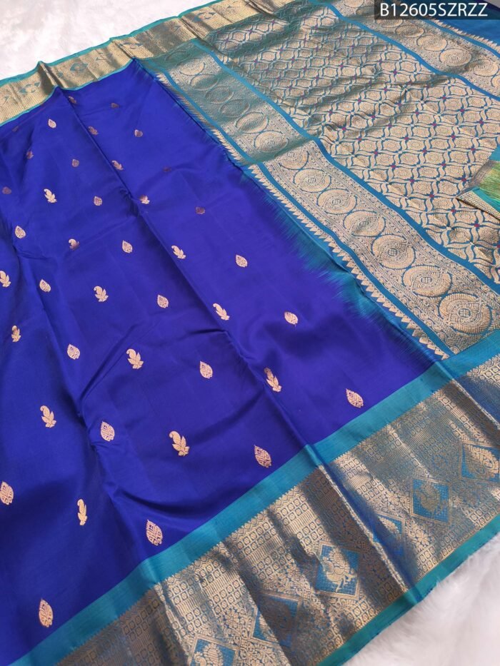 Royal Blue Soft Silk Saree with Teal Border and Gold Zari Brocade Pallu - Image 2