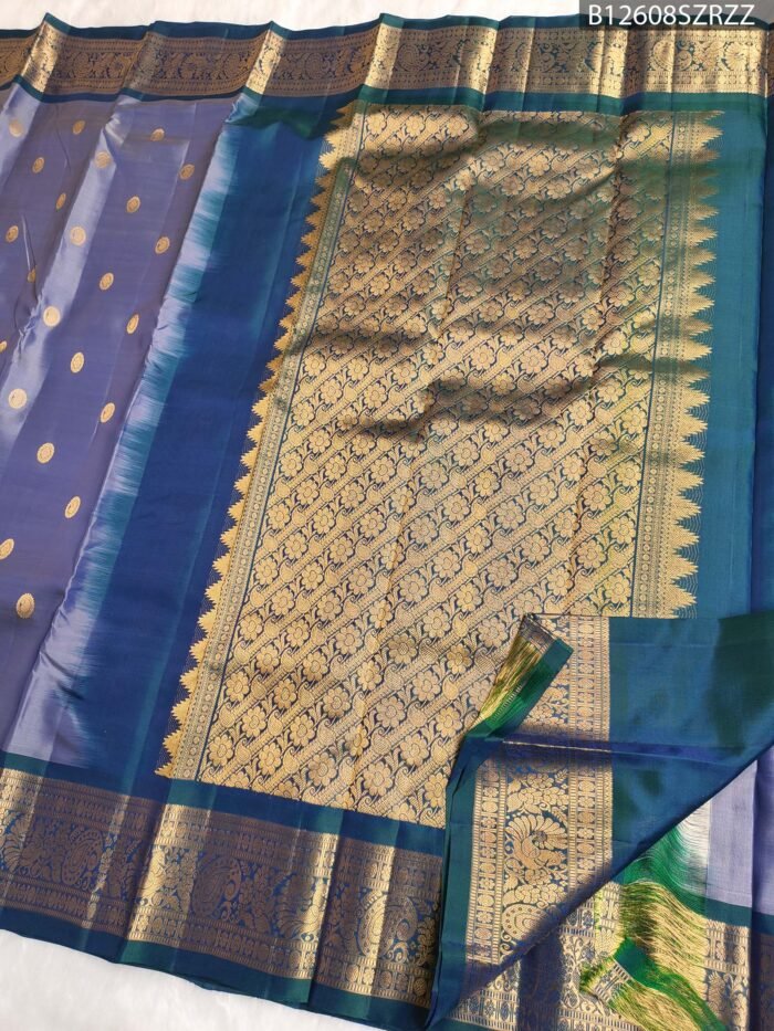 Lavender and Green Dual Tone Pure Silk Saree with Grand Zari Border and Pallu - Image 2
