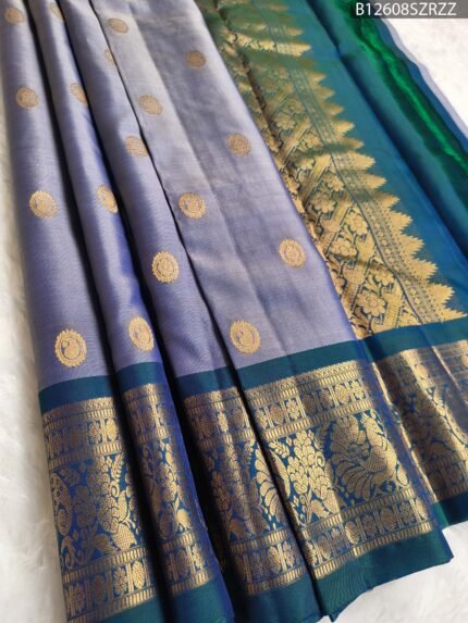 Lavender and Green Dual Tone Pure Silk Saree with Grand Zari Border and Pallu