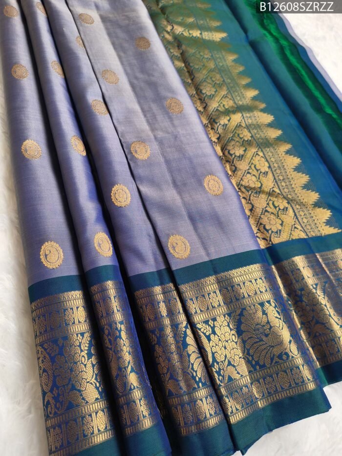 Lavender and Green Dual Tone Pure Silk Saree with Grand Zari Border and Pallu - Image 1
