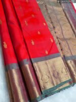 Brilliant Red Silk Saree with Grey-Gold Zari Border and Butta Work