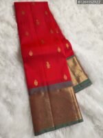 Brilliant Red Silk Saree with Grey-Gold Zari Border and Butta Work - Image 3