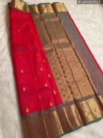 Brilliant Red Silk Saree with Grey-Gold Zari Border and Butta Work - Image 2