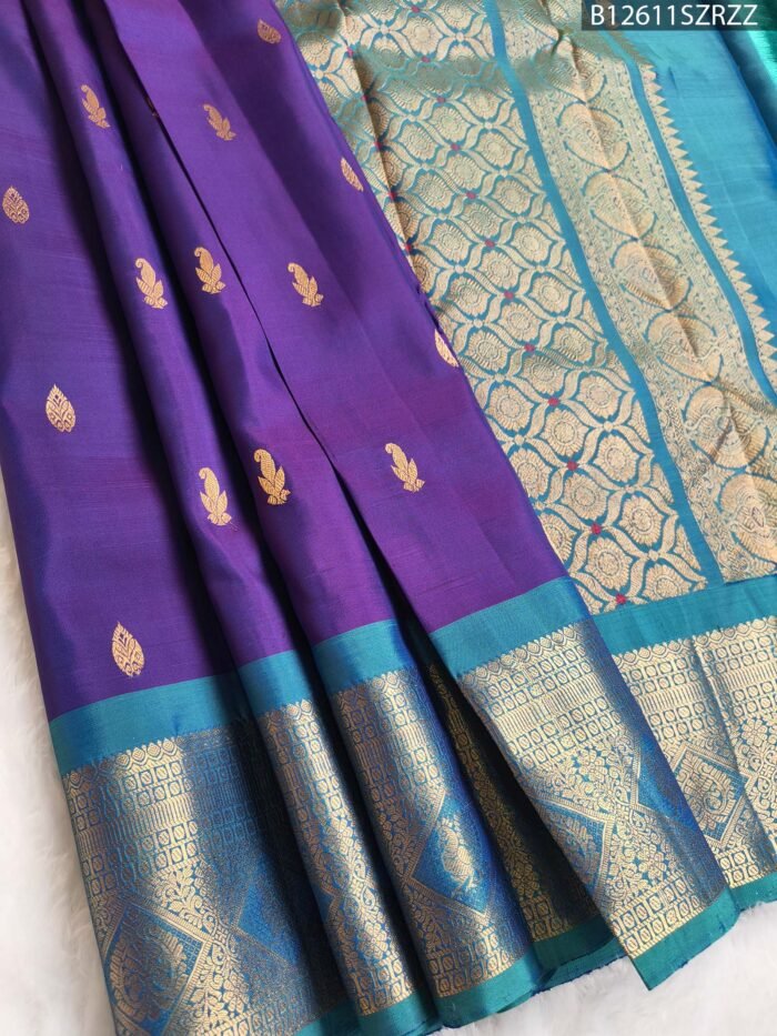 Royal Purple Silk Saree with Aqua Blue Zari Border and Peacock Motifs - Image 1