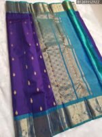 Royal Purple Silk Saree with Aqua Blue Zari Border and Peacock Motifs - Image 2