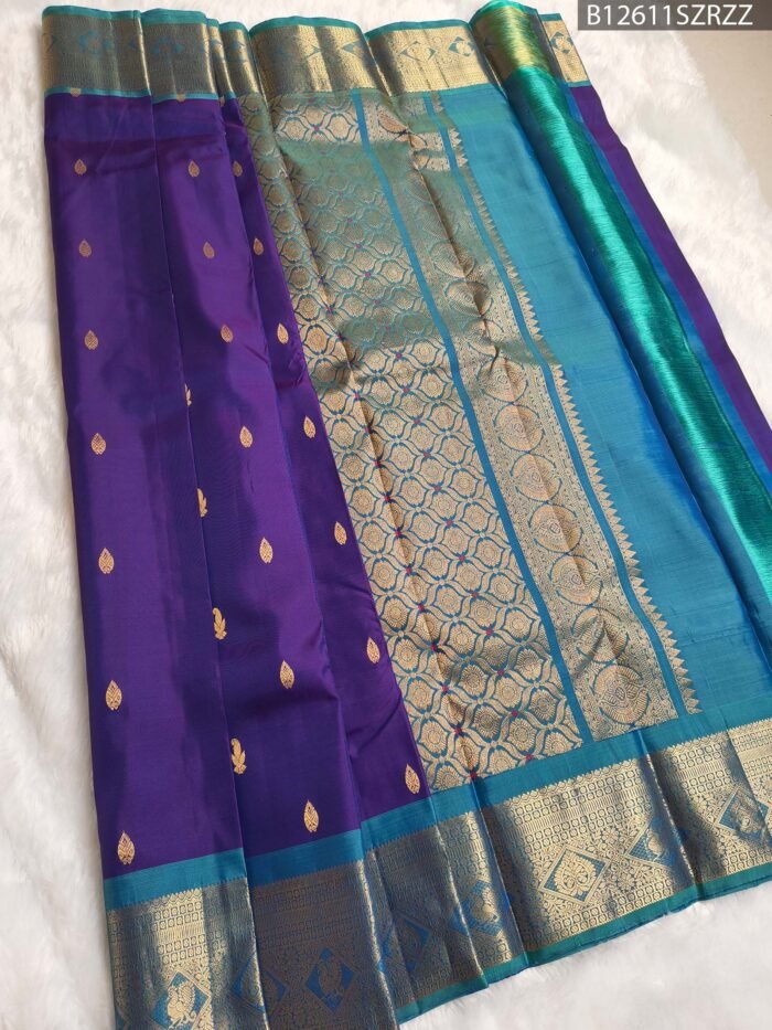 Royal Purple Silk Saree with Aqua Blue Zari Border and Peacock Motifs - Image 2