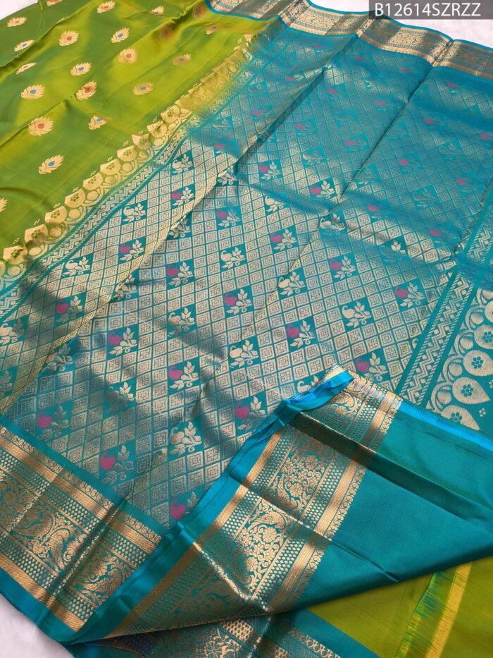 Graceful Green & Blue Soft Silk Saree with Zari Lotus Motifs and Rich Pallu - Image 3
