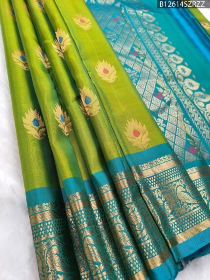 Graceful Green & Blue Soft Silk Saree with Zari Lotus Motifs and Rich Pallu