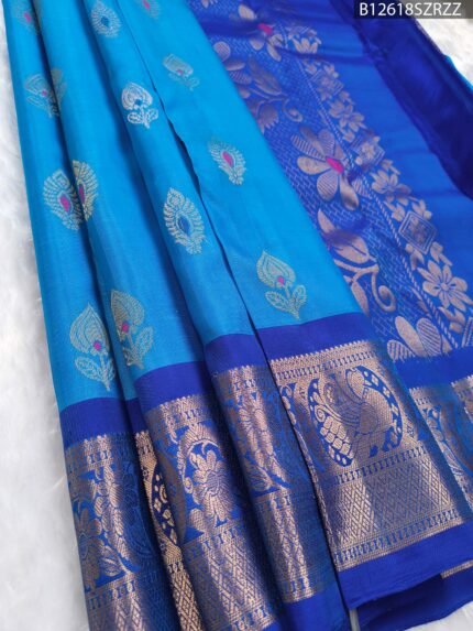 Peacock Blue Silk Saree with Royal Blue Border & Floral Zari Weaving
