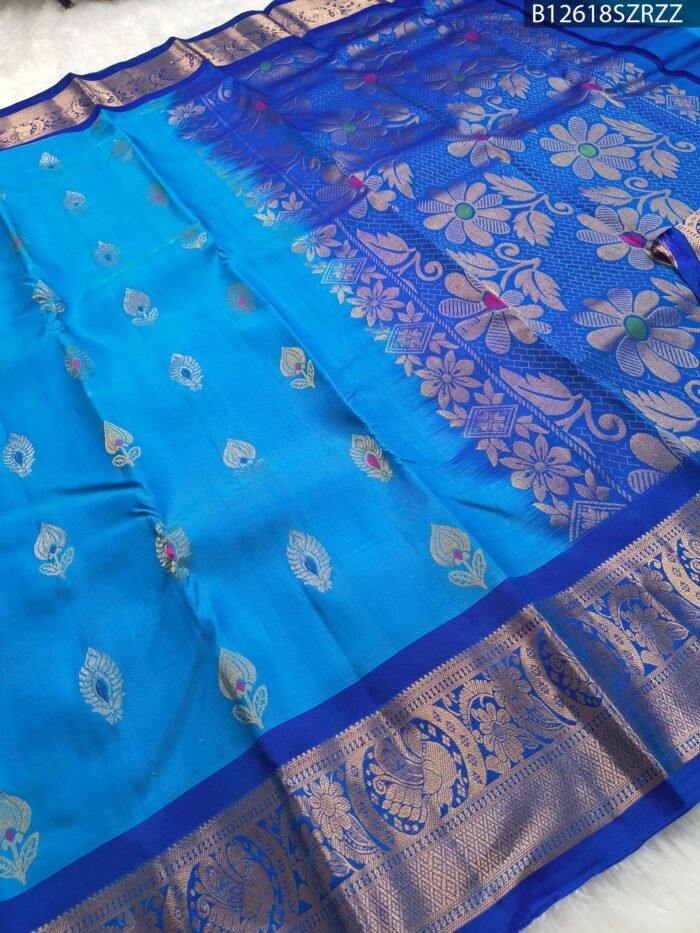 Peacock Blue Silk Saree with Royal Blue Border & Floral Zari Weaving - Image 2