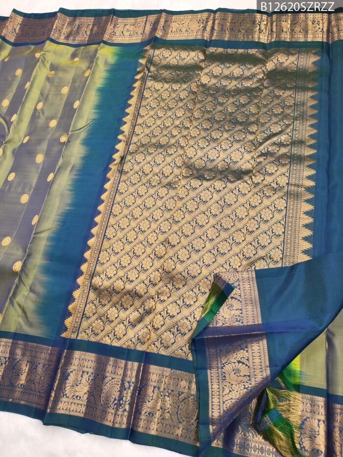 Olive Green to Peacock Blue Dual Tone Pure Silk Saree with Traditional Zari Border - Image 2