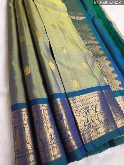 Olive Green to Peacock Blue Dual Tone Pure Silk Saree with Traditional Zari Border