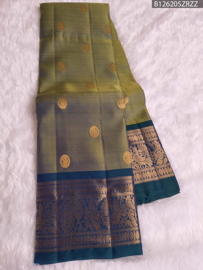 Olive Green to Peacock Blue Dual Tone Pure Silk Saree with Traditional Zari Border - Image 3