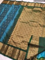 Teal Blue Pure Silk Saree with Rich Green Border and Floral Zari Pallu - Image 2