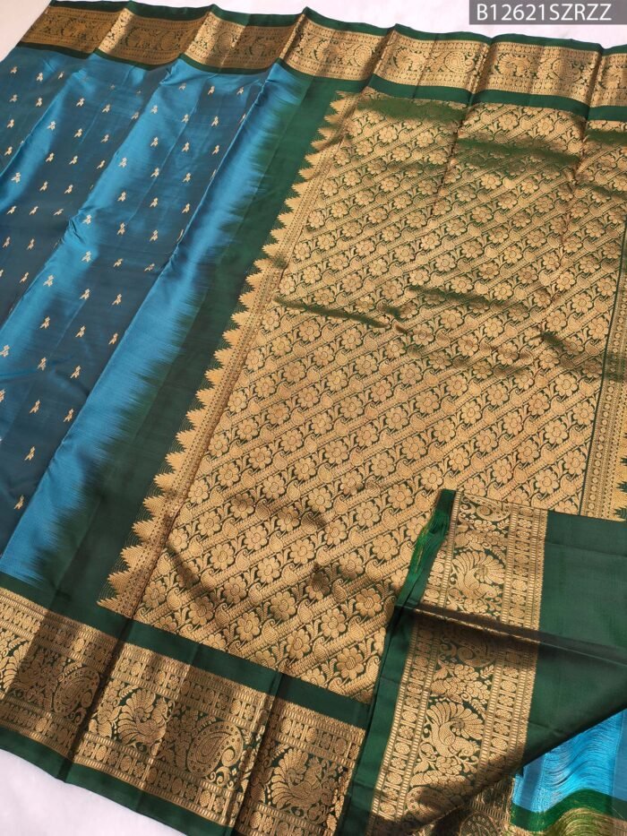 Teal Blue Pure Silk Saree with Rich Green Border and Floral Zari Pallu - Image 2