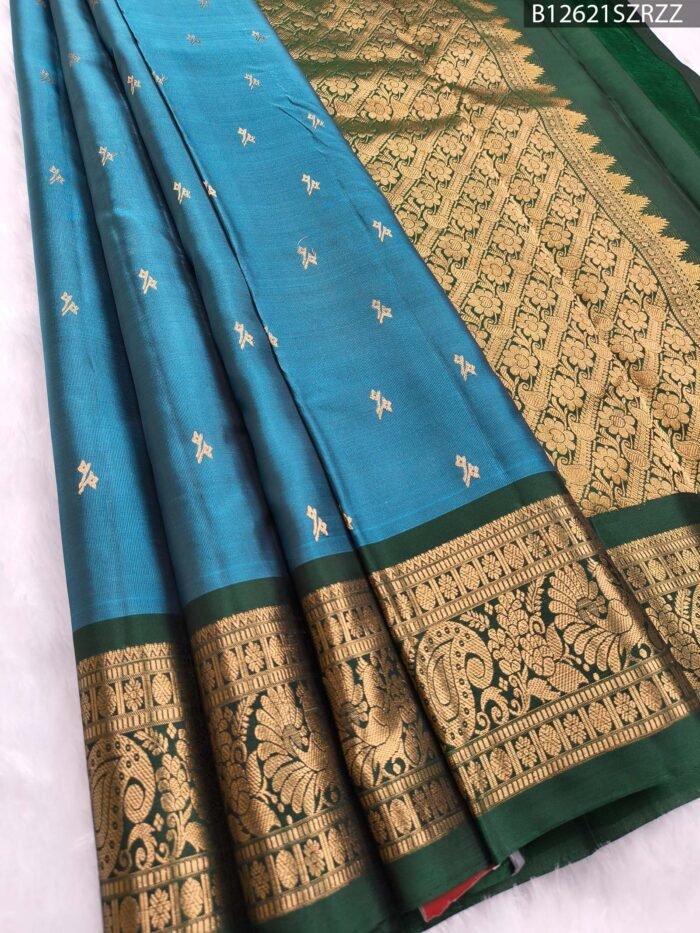 Teal Blue Pure Silk Saree with Rich Green Border and Floral Zari Pallu - Image 1