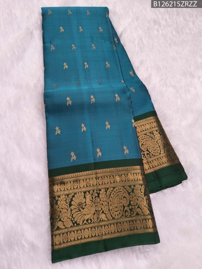 Teal Blue Pure Silk Saree with Rich Green Border and Floral Zari Pallu - Image 3