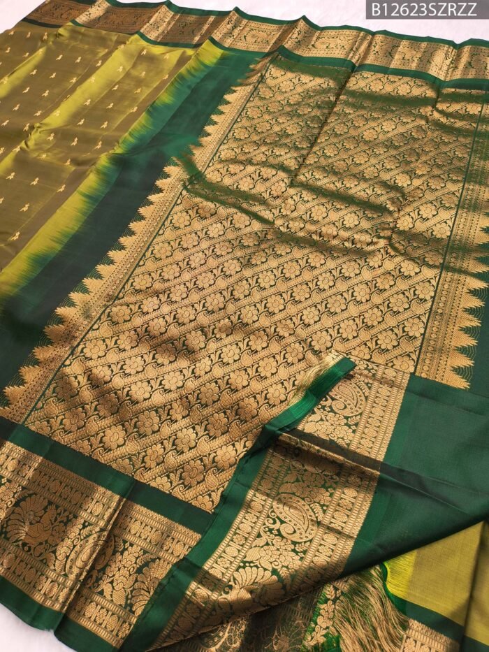 Olive Green Soft Silk Saree with Dark Green Border and Rich Gold Zari Work - Image 3