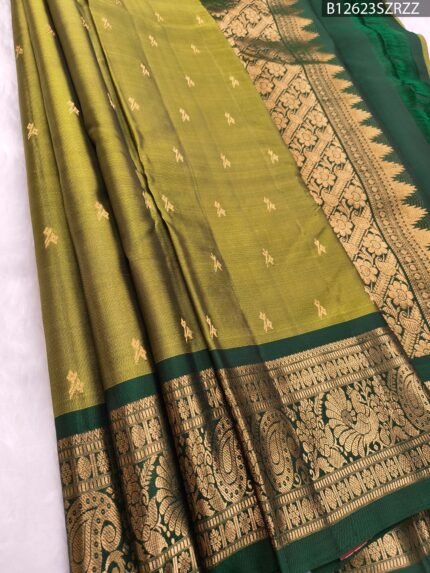 Olive Green Soft Silk Saree with Dark Green Border and Rich Gold Zari Work