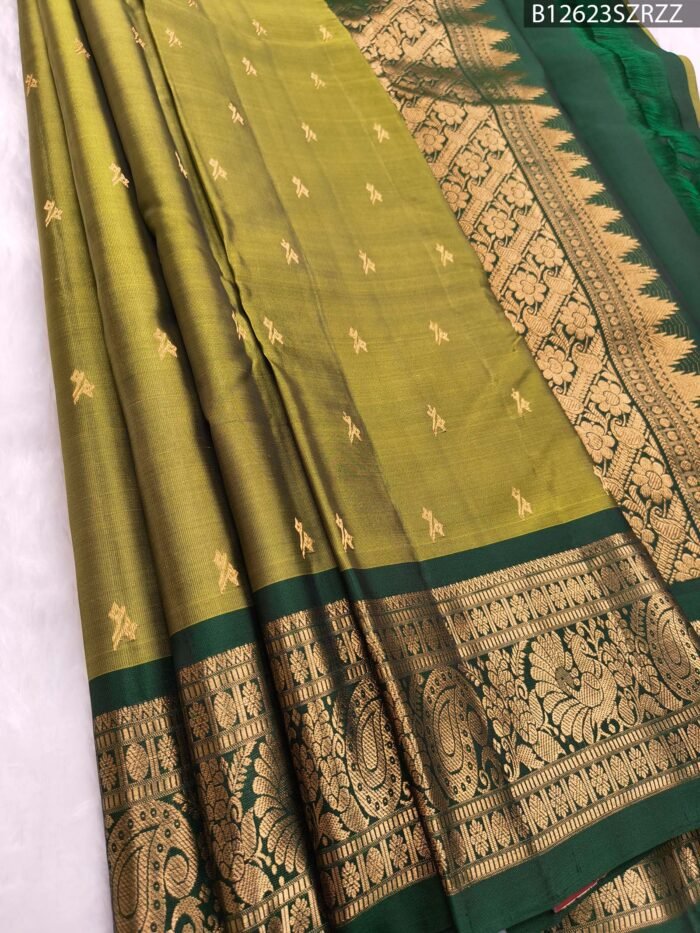 Olive Green Soft Silk Saree with Dark Green Border and Rich Gold Zari Work - Image 1