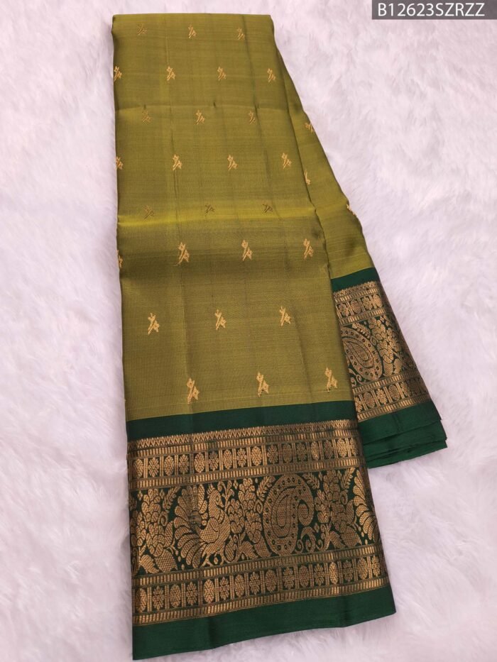 Olive Green Soft Silk Saree with Dark Green Border and Rich Gold Zari Work - Image 4