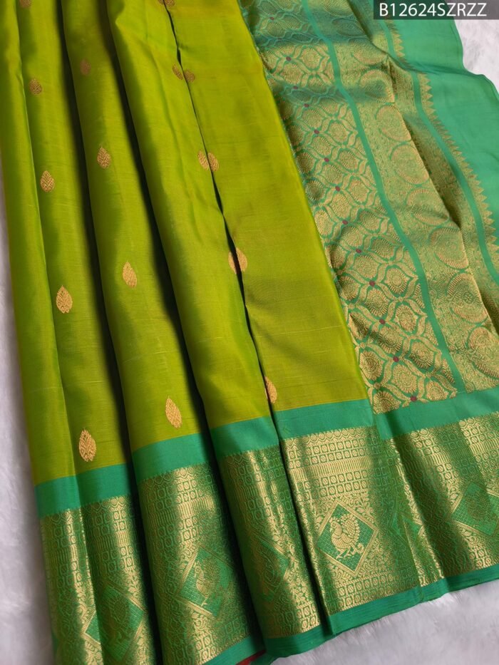 Parrot Green Silk Saree with Aqua Zari Border and Gold Woven Pallu - Image 1