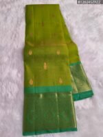 Parrot Green Silk Saree with Aqua Zari Border and Gold Woven Pallu - Image 3