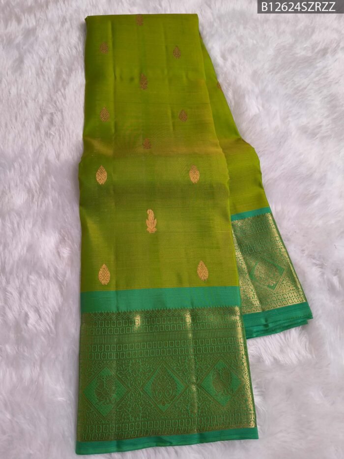 Parrot Green Silk Saree with Aqua Zari Border and Gold Woven Pallu - Image 3