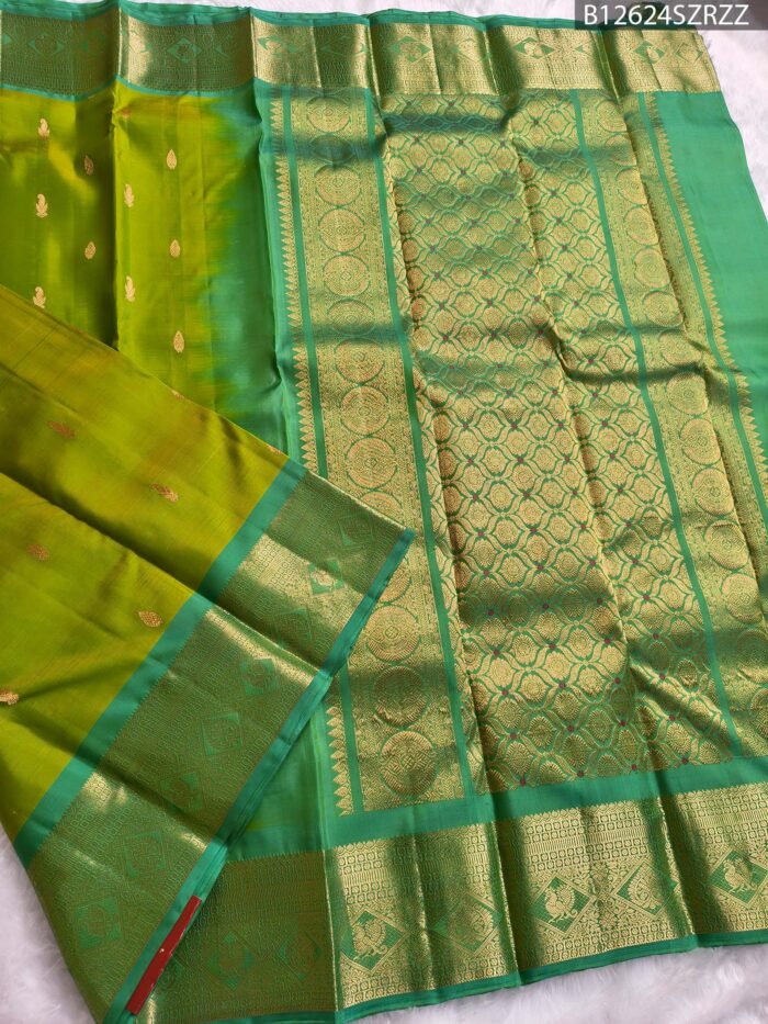 Parrot Green Silk Saree with Aqua Zari Border and Gold Woven Pallu - Image 2