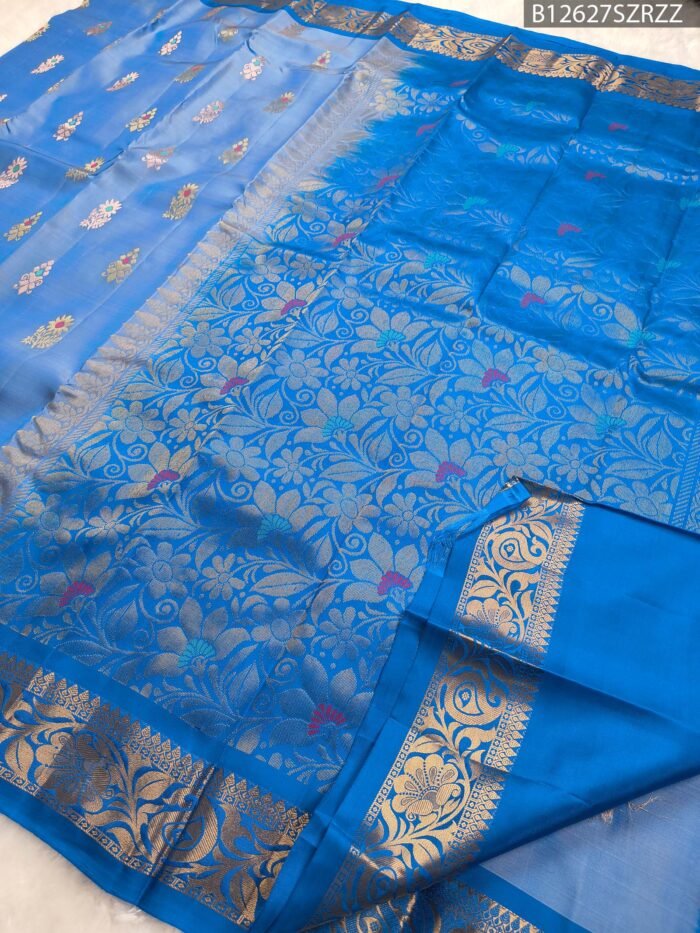 Sky Blue Soft Silk Saree with Multicolor Floral Motifs & Royal Blue Zari Border - Image 3