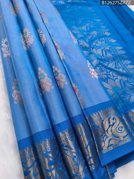 Sky Blue Soft Silk Saree with Multicolor Floral Motifs & Royal Blue Zari Border