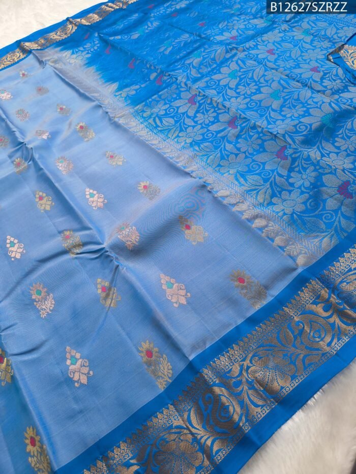 Sky Blue Soft Silk Saree with Multicolor Floral Motifs & Royal Blue Zari Border - Image 2