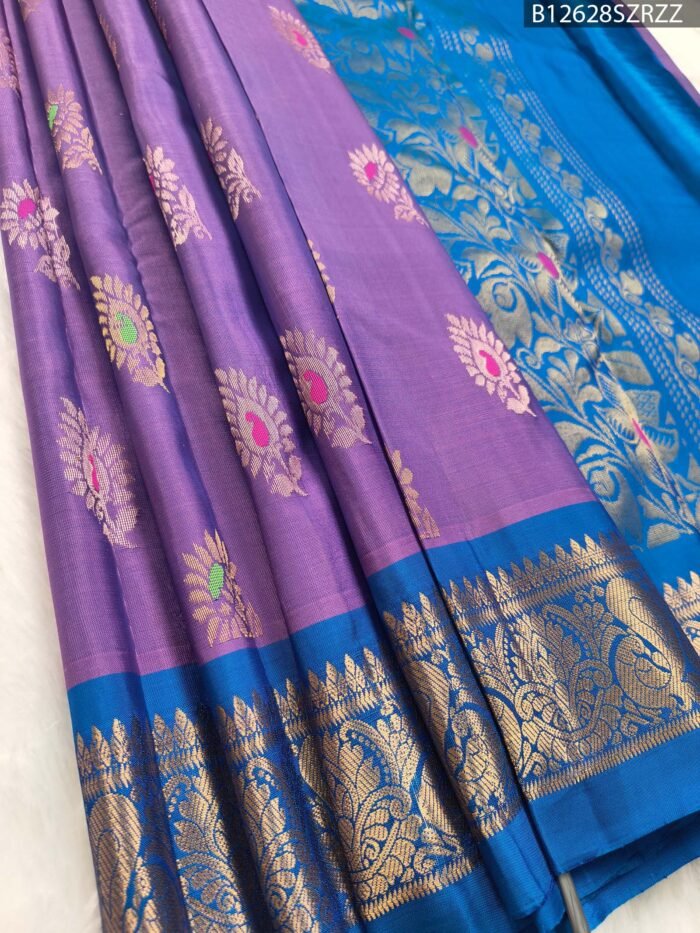 Royal Purple & Blue Soft Silk Saree with Multicolor Zari Floral Motifs and Rich Border - Image 1