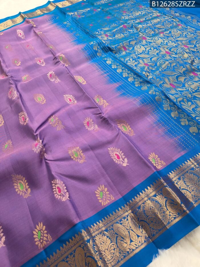 Royal Purple & Blue Soft Silk Saree with Multicolor Zari Floral Motifs and Rich Border - Image 2
