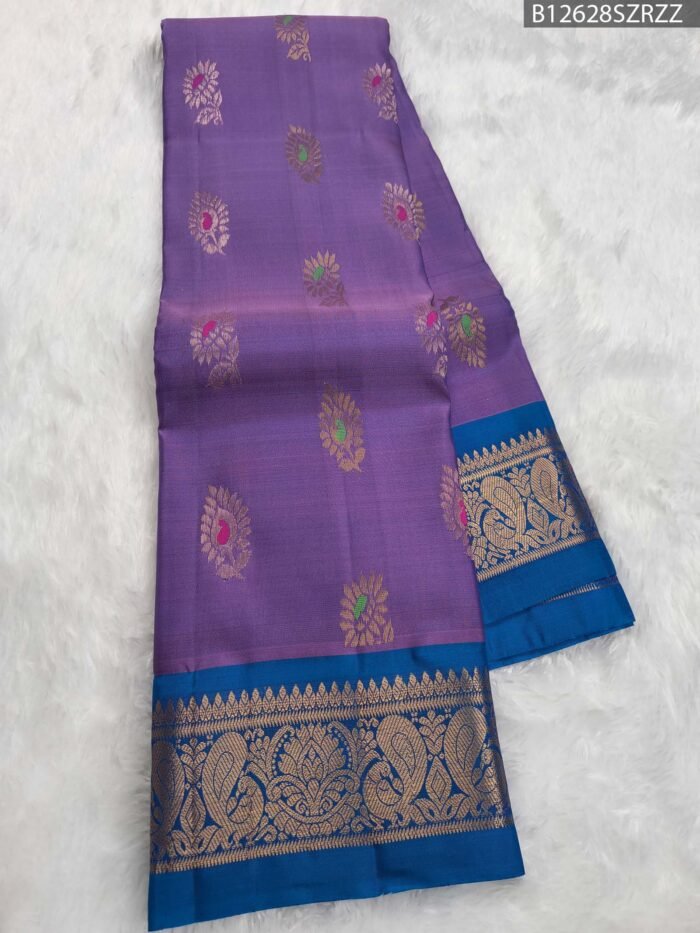 Royal Purple & Blue Soft Silk Saree with Multicolor Zari Floral Motifs and Rich Border - Image 4