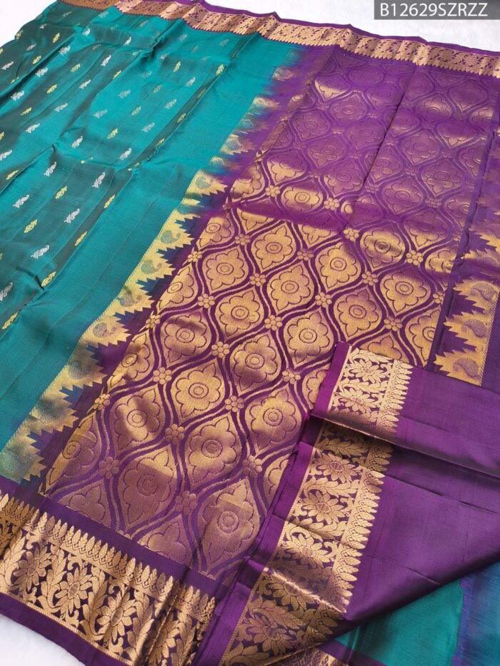 Emerald Green & Royal Purple Kanchipuram Pure Silk Saree with Gold Zari Temple Border - Image 3
