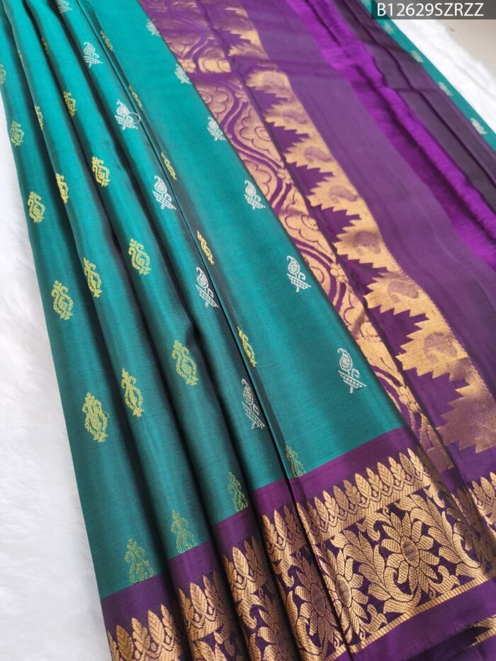 Emerald Green & Royal Purple Kanchipuram Pure Silk Saree with Gold Zari Temple Border - Image 1