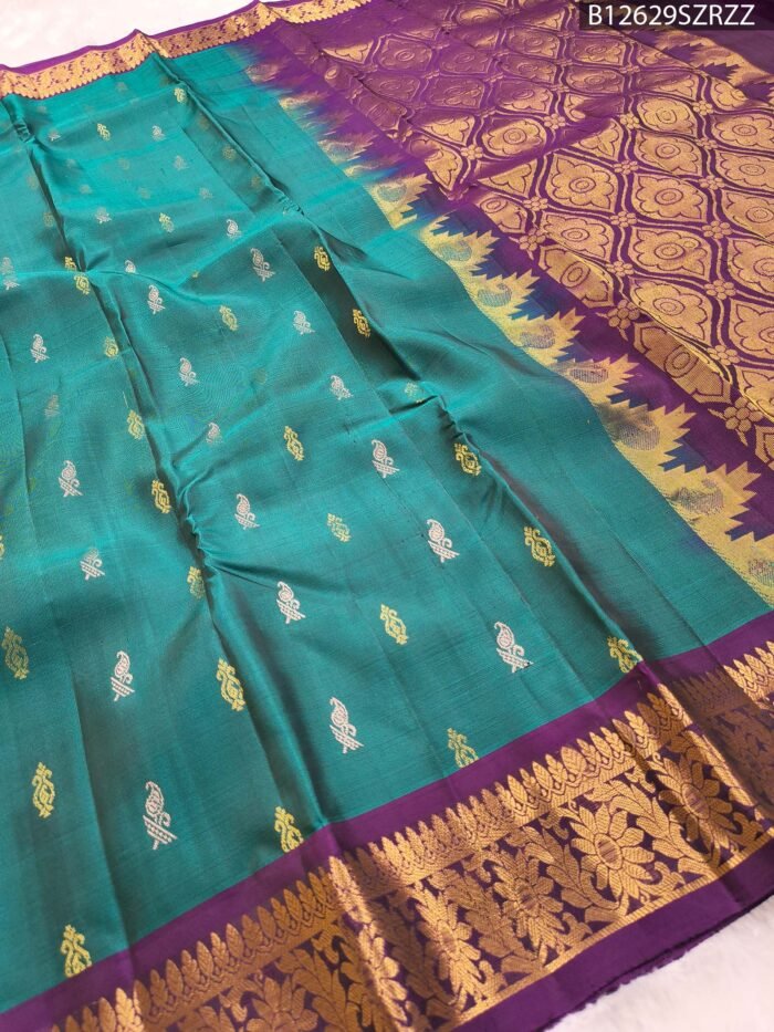 Emerald Green & Royal Purple Kanchipuram Pure Silk Saree with Gold Zari Temple Border - Image 2