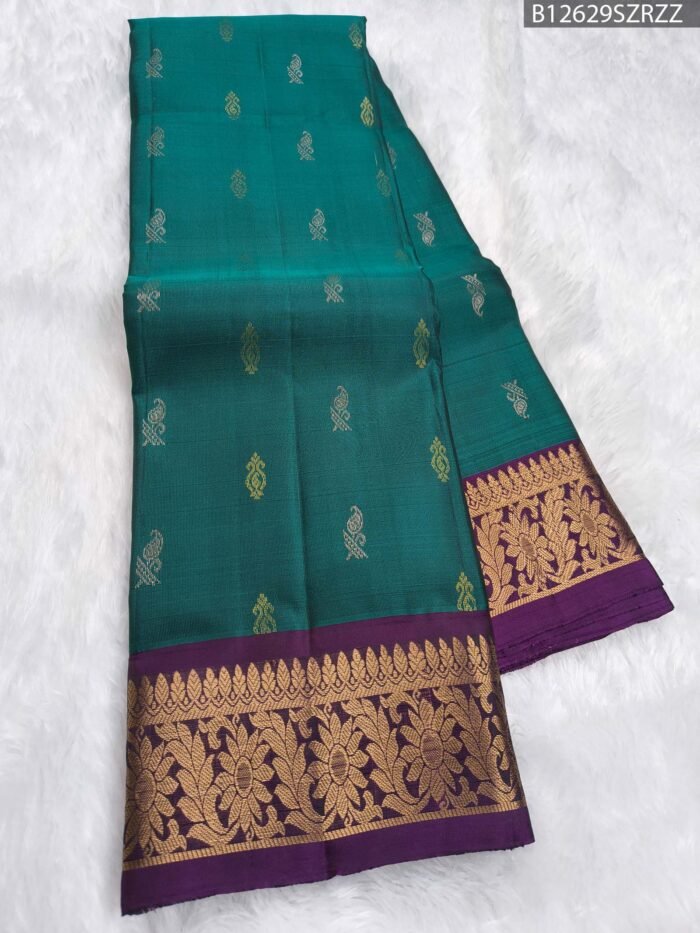 Emerald Green & Royal Purple Kanchipuram Pure Silk Saree with Gold Zari Temple Border - Image 4