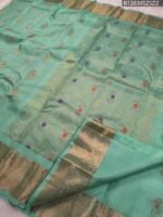 Pastel Green Soft Silk Saree with Golden Zari and Multi-Color Butta Design - Image 3