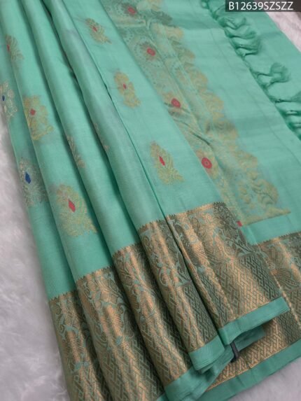 Pastel Green Soft Silk Saree with Golden Zari and Multi-Color Butta Design