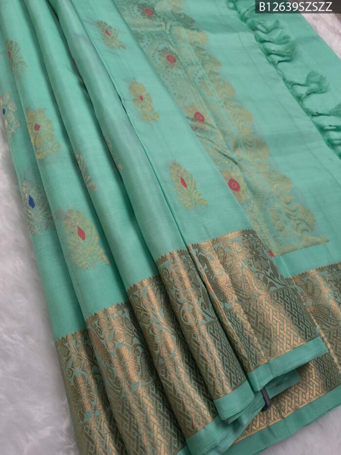 Pastel Green Soft Silk Saree with Golden Zari and Multi-Color Butta Design - Image 1