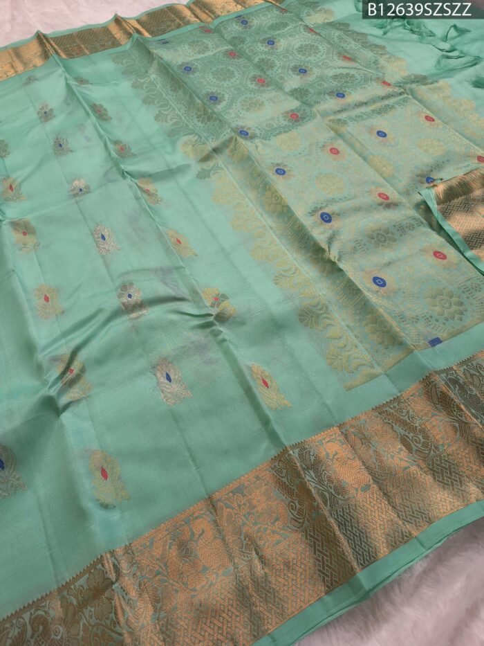 Pastel Green Soft Silk Saree with Golden Zari and Multi-Color Butta Design - Image 2
