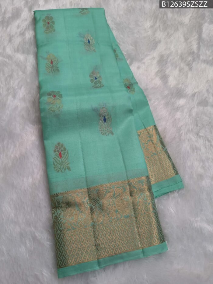 Pastel Green Soft Silk Saree with Golden Zari and Multi-Color Butta Design - Image 4